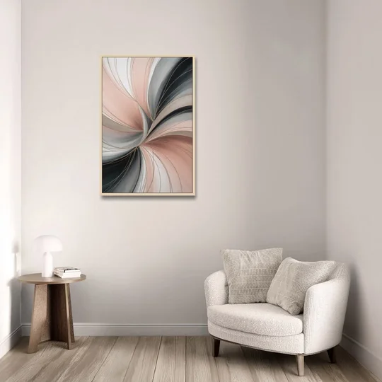 Elegant Curves Pink and Grey Abstract - Oak Framed Canvas Wall Art - Sofa - 24x36
