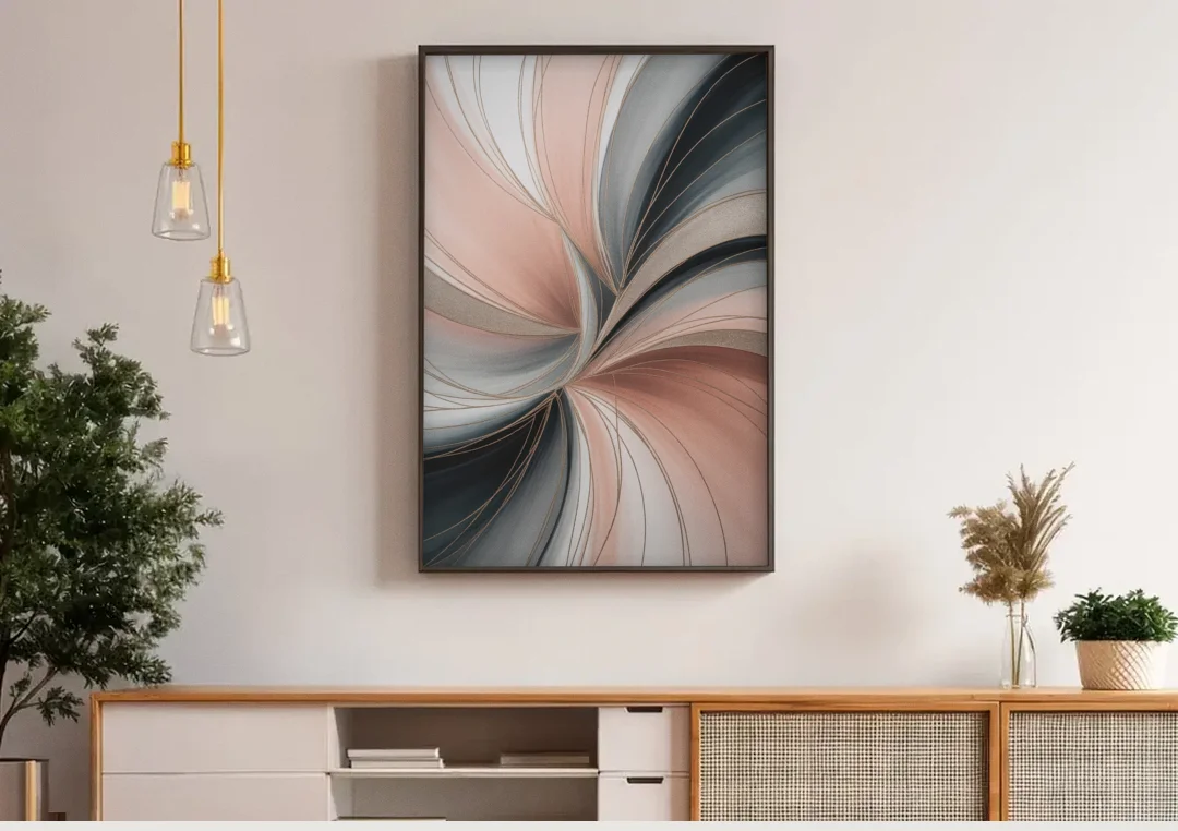 Elegant Curves Pink and Grey Abstract canvas wall art above a wooden sideboard under pendant lights