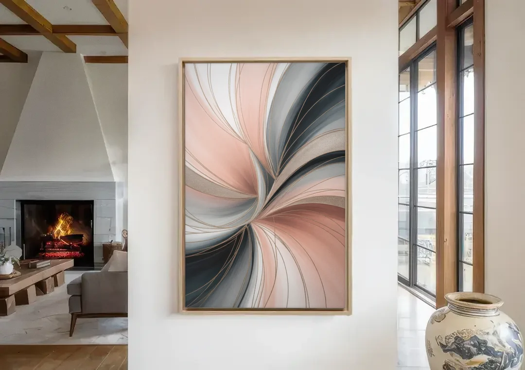 Elegant Curves Pink and Grey Abstract canvas wall art in a living room with a fireplace