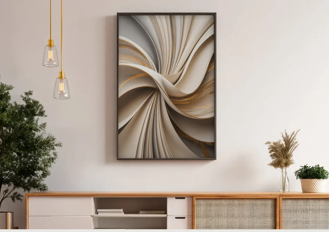 Elegant Flow Beige Abstract canvas wall art above a wooden sideboard under pendant lights