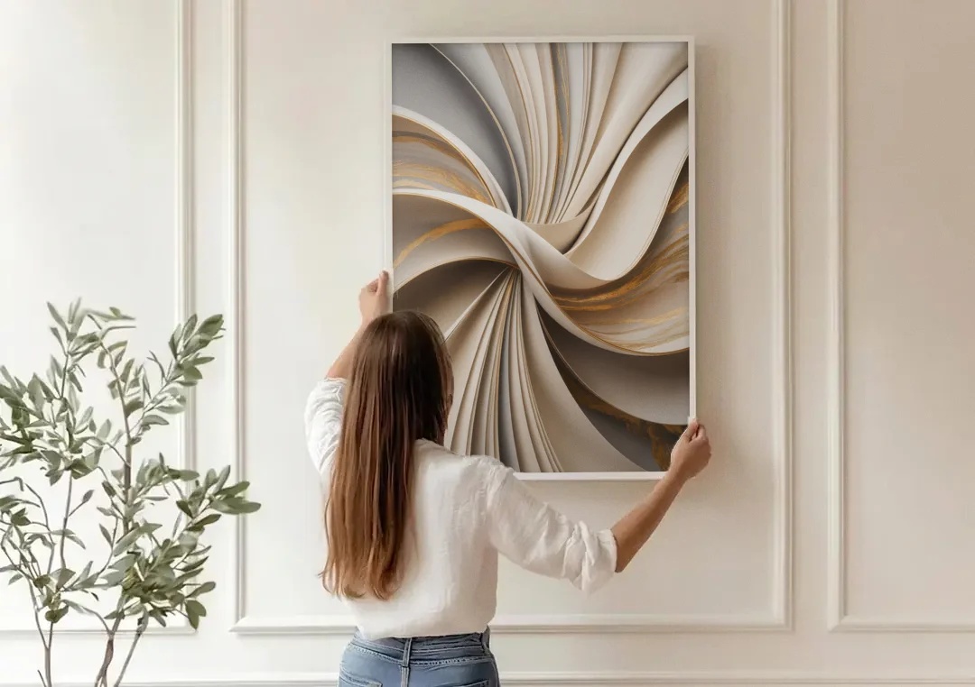 Elegant Flow Beige Abstract canvas wall art being hung on a paneled wall