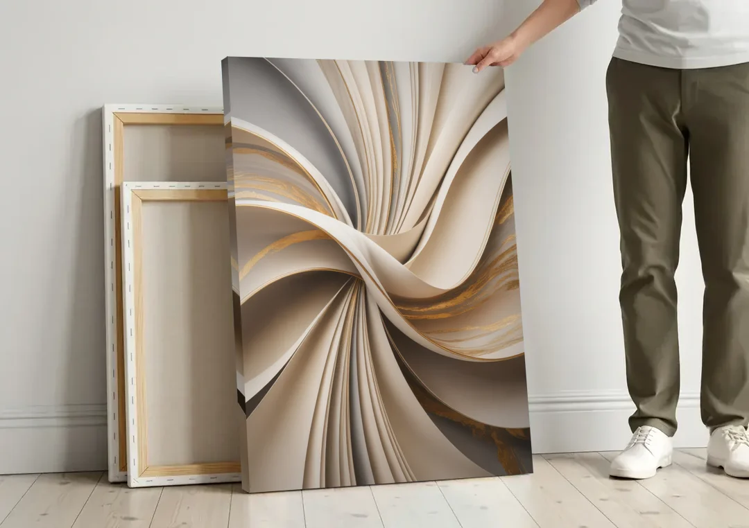 Elegant Flow Beige Abstract canvas wall art leaning against a wall next to blank canvases