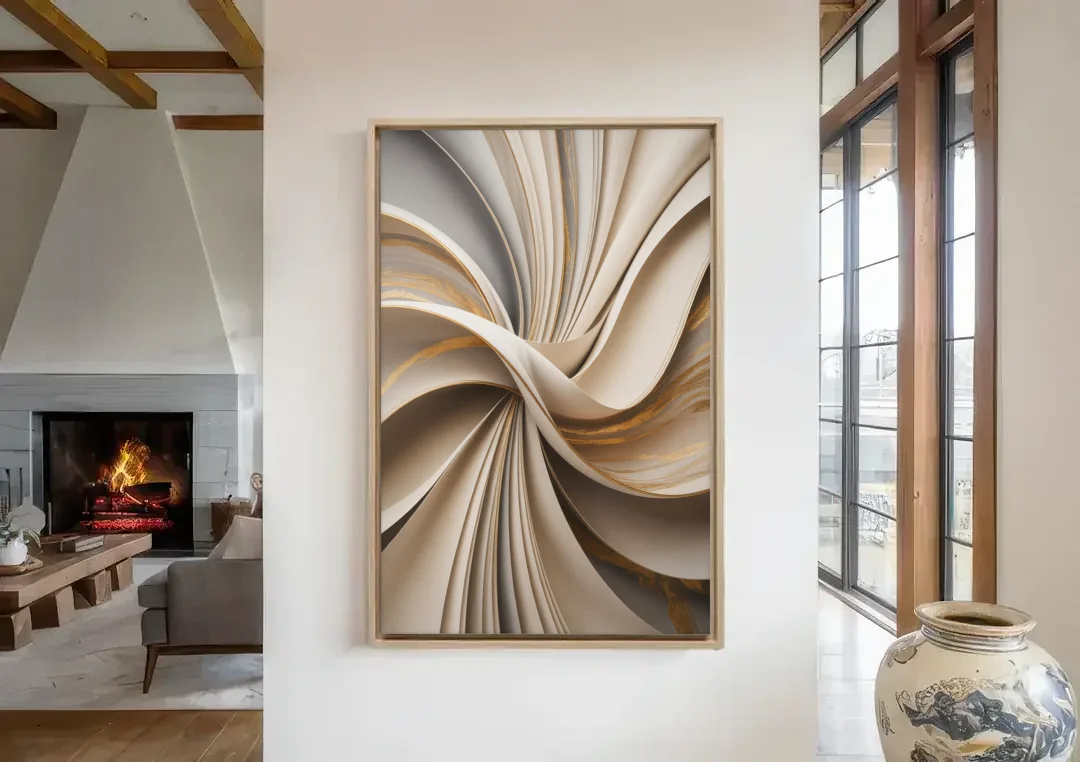 Elegant Flow Beige Abstract canvas wall art in a living room with a fireplace