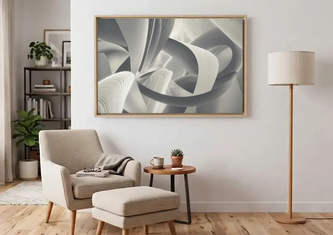 Elegant Flow Grey and White Abstract canvas wall art above an armchair in a bright living room