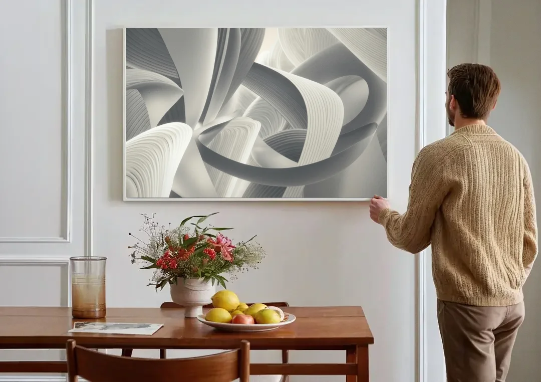 Elegant Flow Grey and White Abstract canvas wall art above a dining table