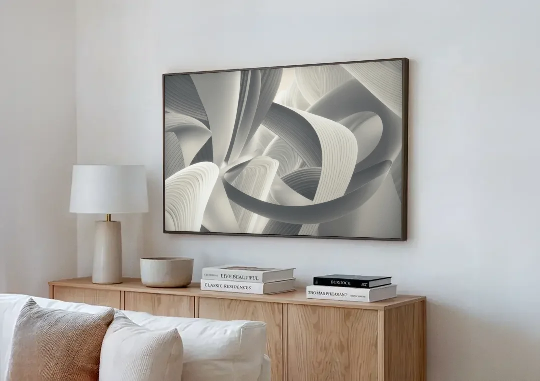 Elegant Flow Grey and White Abstract canvas wall art above a wooden sideboard next to a sofa