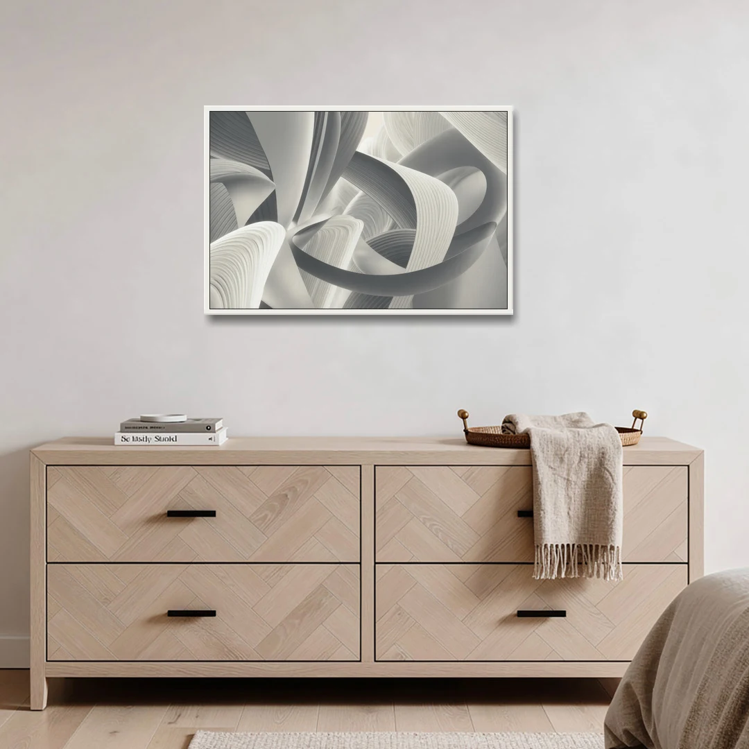 Elegant Flow Grey and White Abstract - White Framed Canvas Wall Art - Coffee Table - 36x24