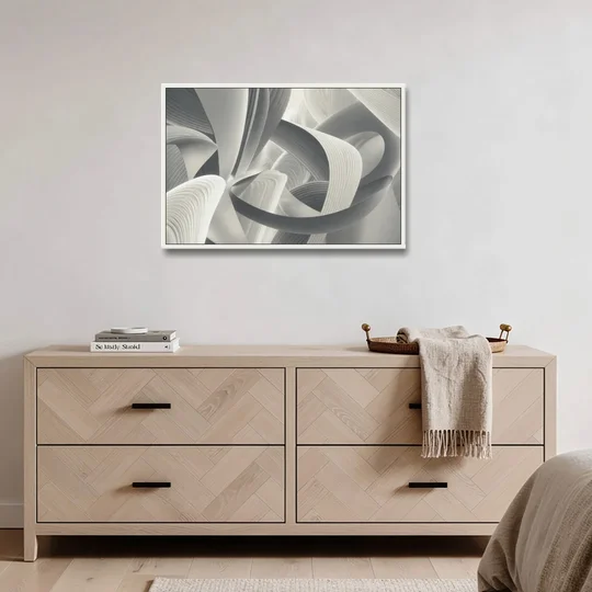 Elegant Flow Grey and White Abstract - White Framed Canvas Wall Art - Coffee Table - 36x24