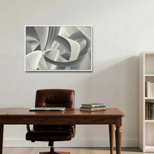 Elegant Flow Grey and White Abstract - White Framed Canvas Wall Art - Office - 36x24
