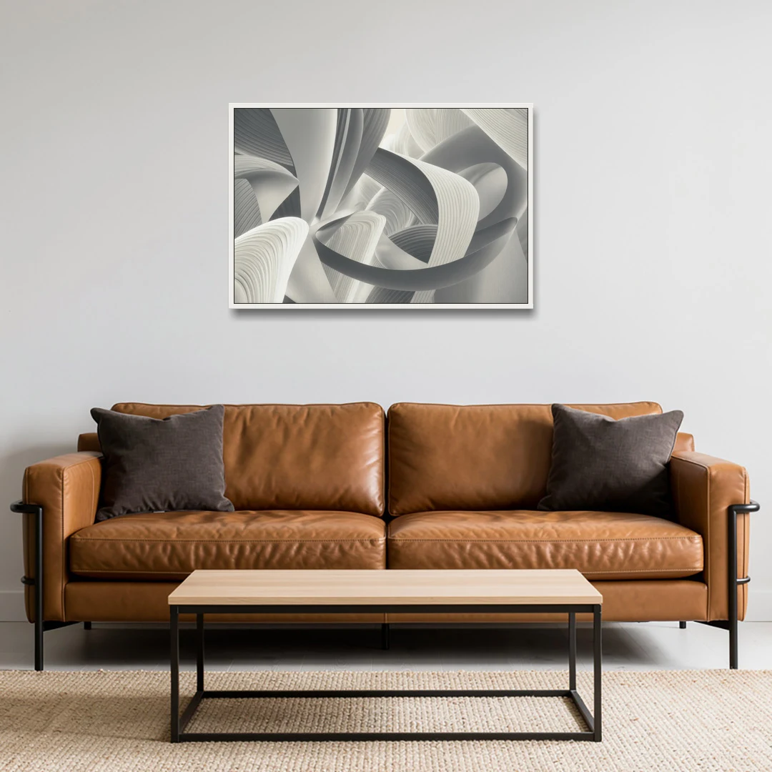 Elegant Flow Grey and White Abstract - White Framed Canvas Wall Art - Sofa - 36x24