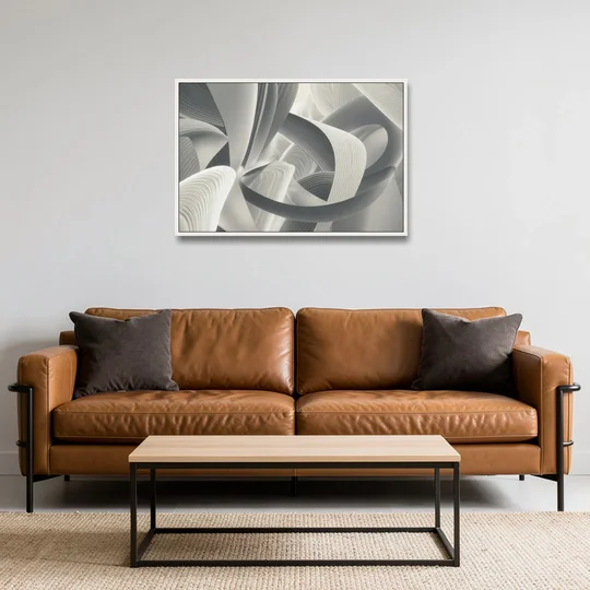 Elegant Flow Grey and White Abstract - White Framed Canvas Wall Art - Sofa - 36x24