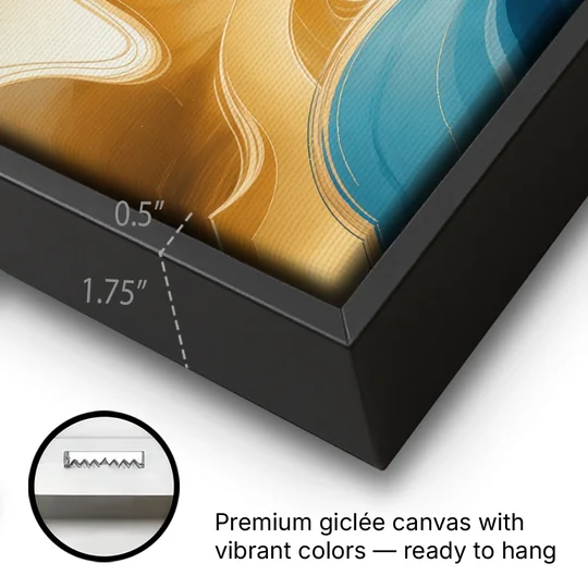 Elegant Fluidity Blue and Gold Abstract - Black Framed Canvas Wall Art - Gallery Wrap Corner