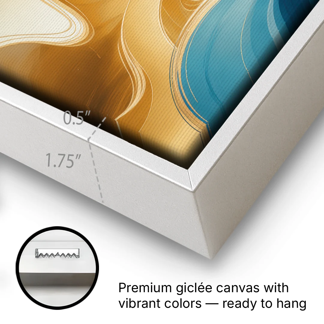 Elegant Fluidity Blue and Gold Abstract - White Framed Canvas Wall Art - Gallery Wrap Corner