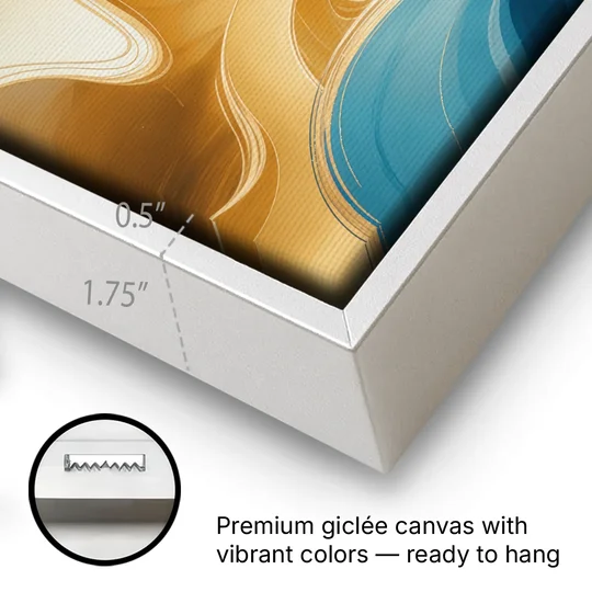 Elegant Fluidity Blue and Gold Abstract - White Framed Canvas Wall Art - Gallery Wrap Corner