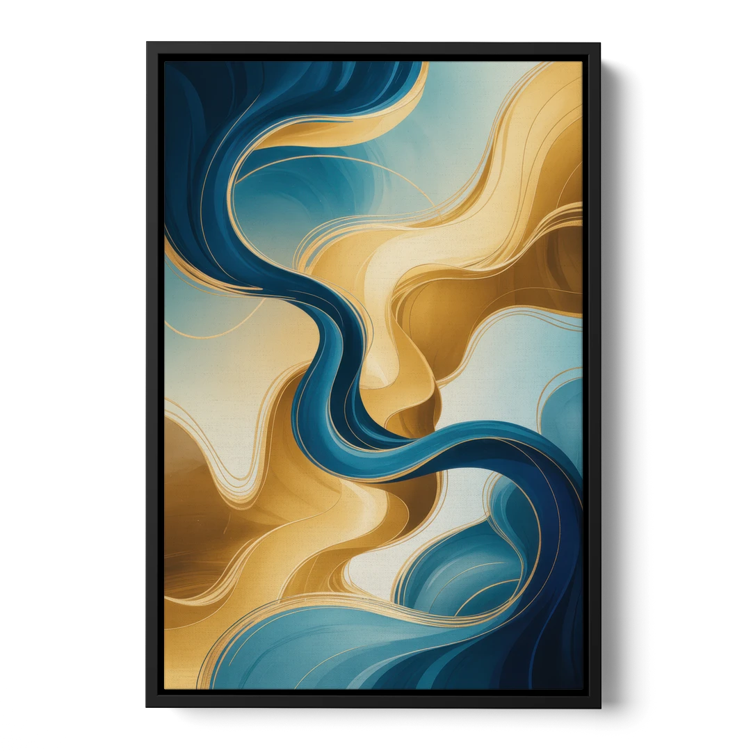 Elegant Fluidity Blue and Gold Abstract - Black Framed Canvas Wall Art - Front