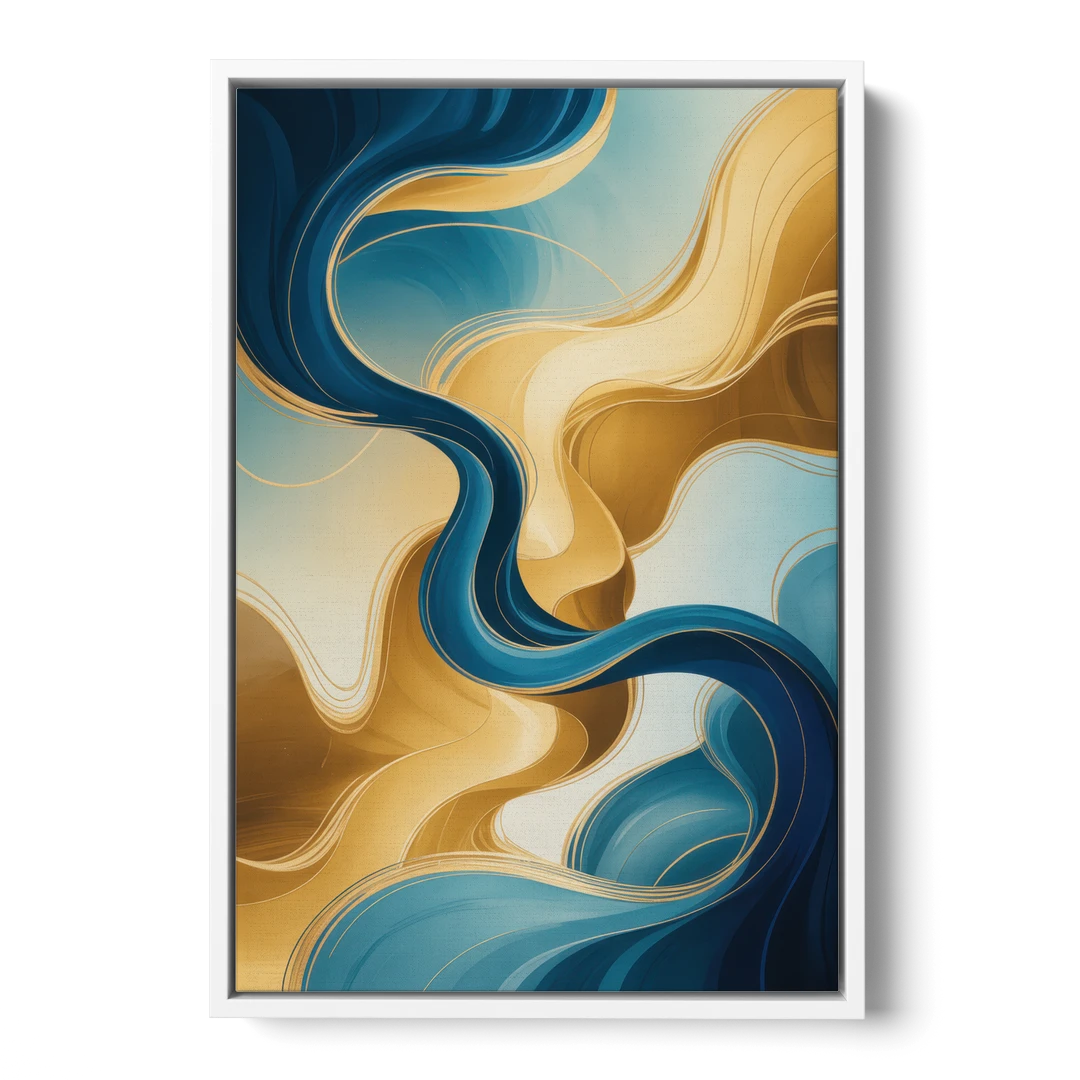 Elegant Fluidity Blue and Gold Abstract - White Framed Canvas Wall Art - Front