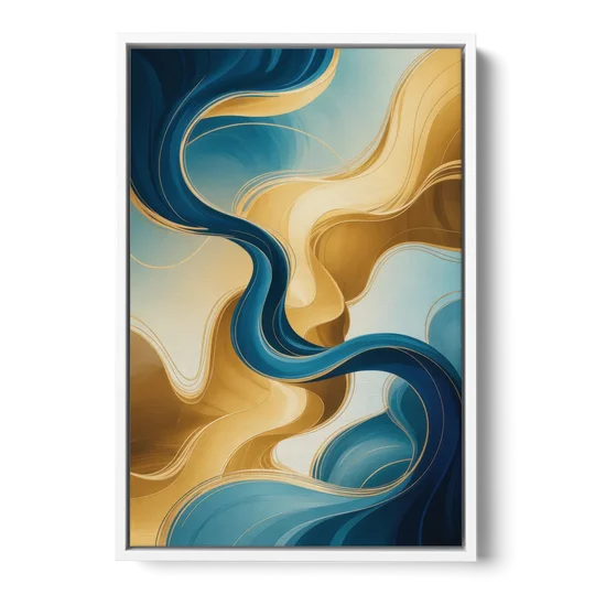 Elegant Fluidity Blue and Gold Abstract - White Framed Canvas Wall Art - Front