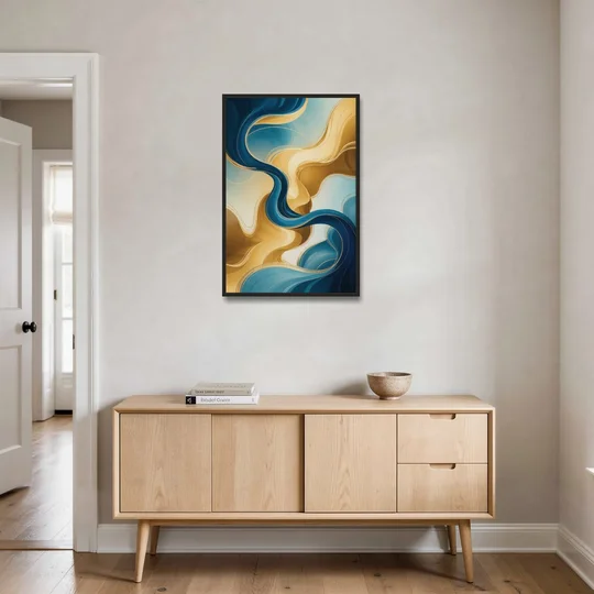 Elegant Fluidity Blue and Gold Abstract - Black Framed Canvas Wall Art - Coffee Table - 24x36
