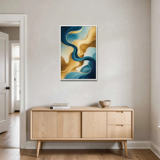 Elegant Fluidity Blue and Gold Abstract - White Framed Canvas Wall Art - Coffee Table - 24x36