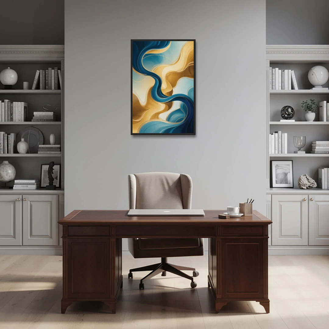 Elegant Fluidity Blue and Gold Abstract - Black Framed Canvas Wall Art - Office - 24x36
