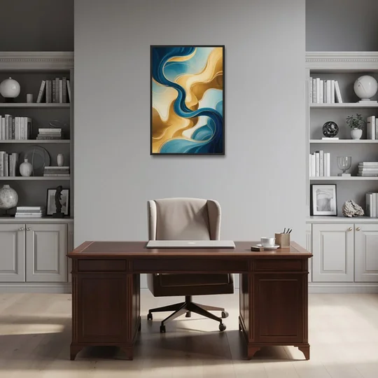 Elegant Fluidity Blue and Gold Abstract - Black Framed Canvas Wall Art - Office - 24x36