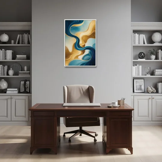 Elegant Fluidity Blue and Gold Abstract - White Framed Canvas Wall Art - Office - 24x36