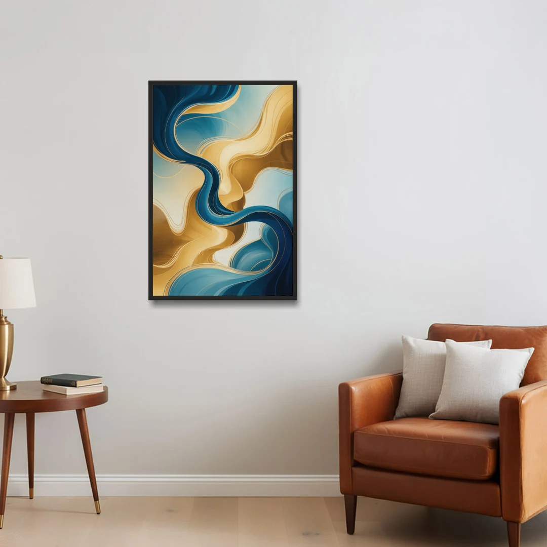 Elegant Fluidity Blue and Gold Abstract - Black Framed Canvas Wall Art - Sofa - 24x36