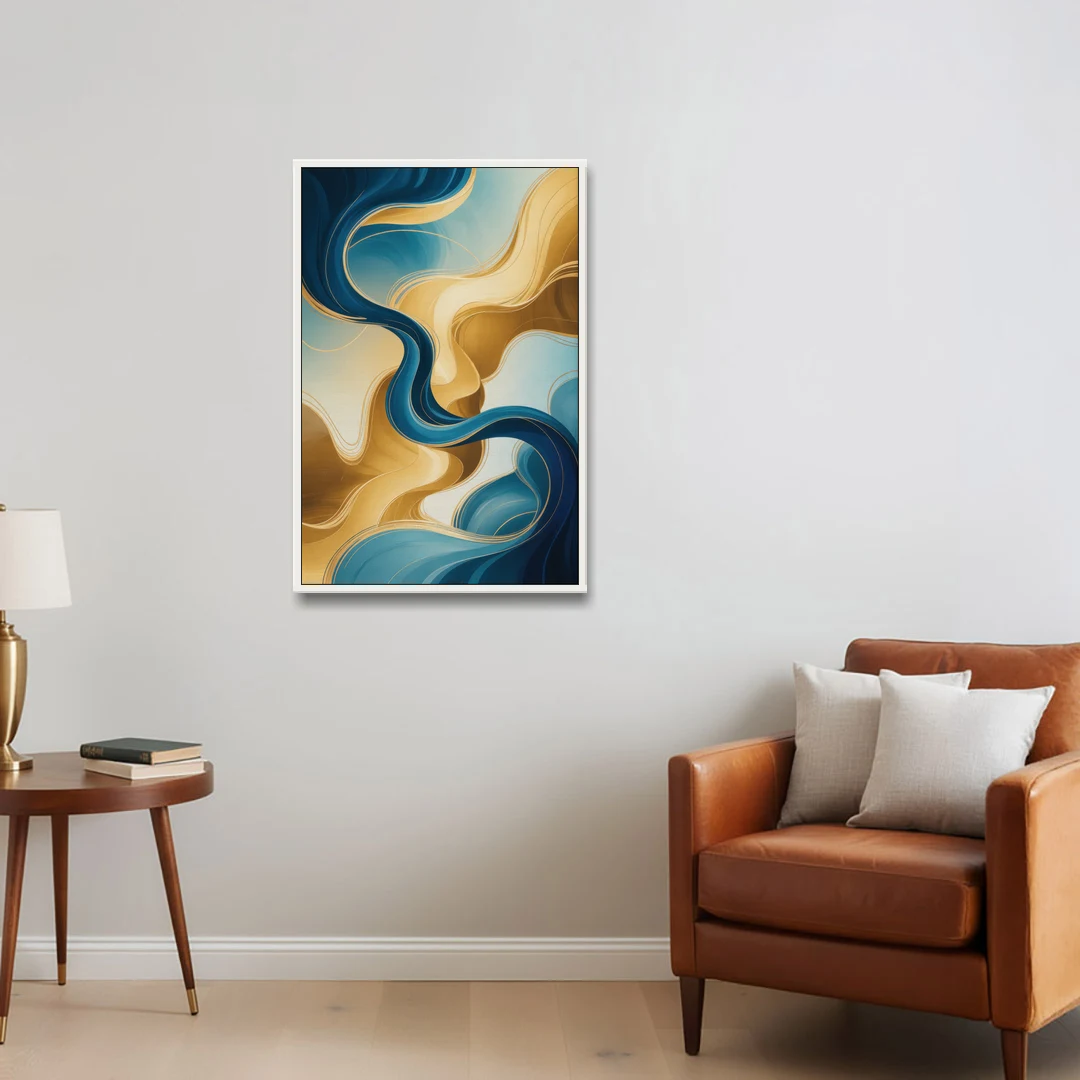 Elegant Fluidity Blue and Gold Abstract - White Framed Canvas Wall Art - Sofa - 24x36