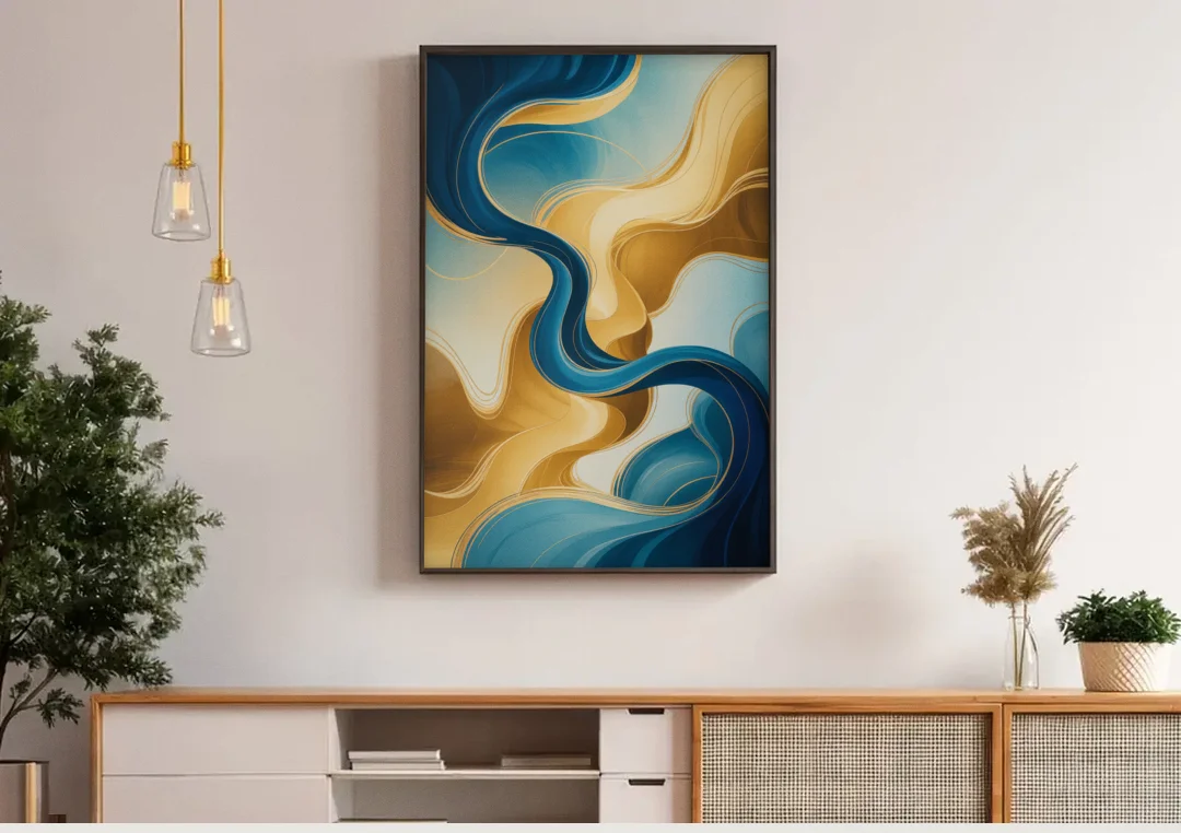 Elegant Fluidity Blue and Gold Abstract canvas wall art above a wooden sideboard under pendant lights