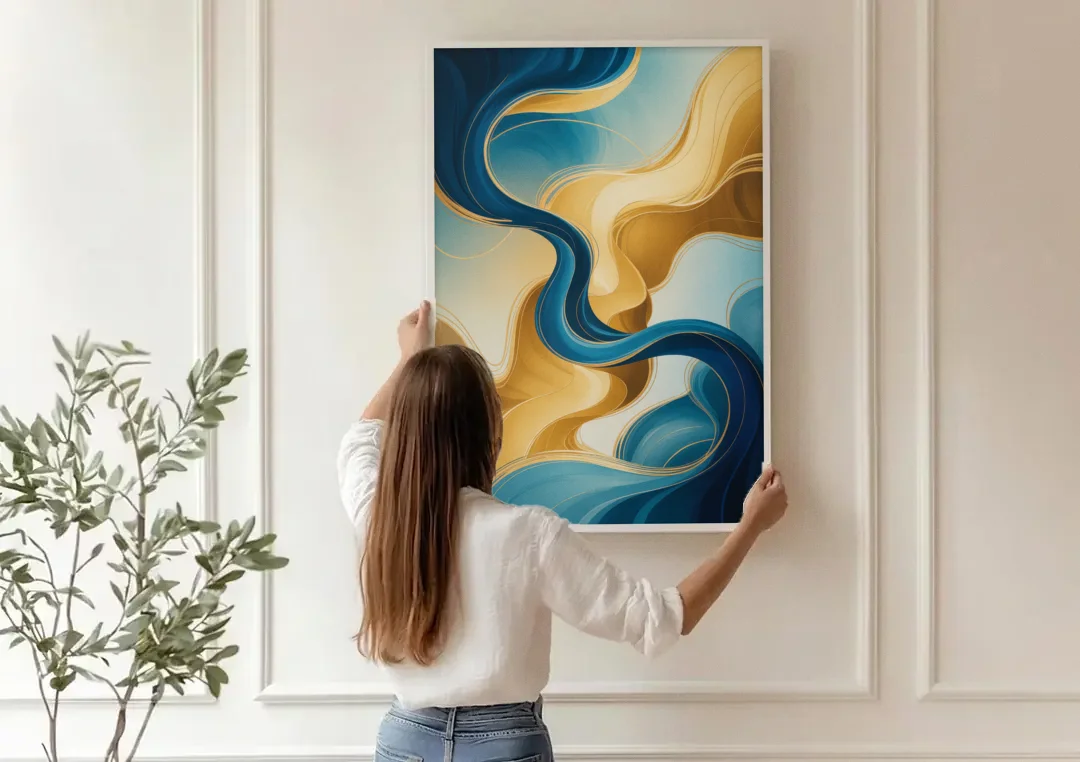 Elegant Fluidity Blue and Gold Abstract canvas wall art being hung on a paneled wall