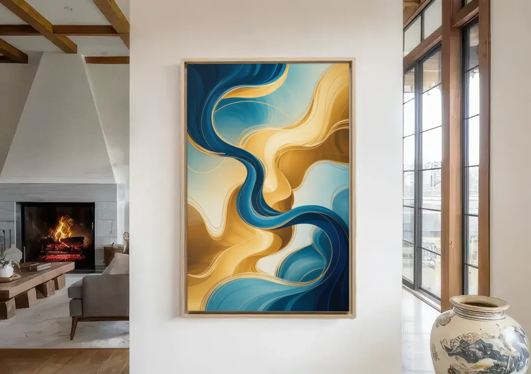 Elegant Fluidity Blue and Gold Abstract canvas wall art in a living room with a fireplace