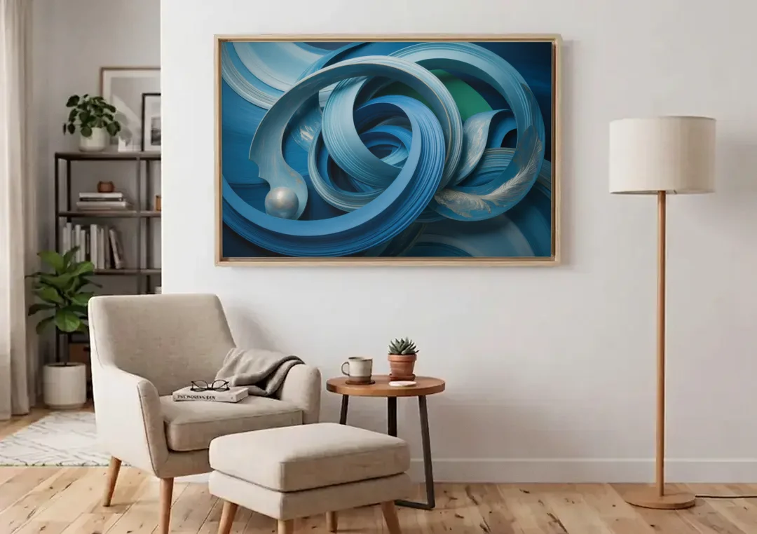 Elegant Fluidity in Blue Abstract canvas wall art above an armchair in a bright living room