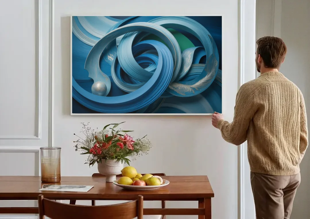 Elegant Fluidity in Blue Abstract canvas wall art above a dining table