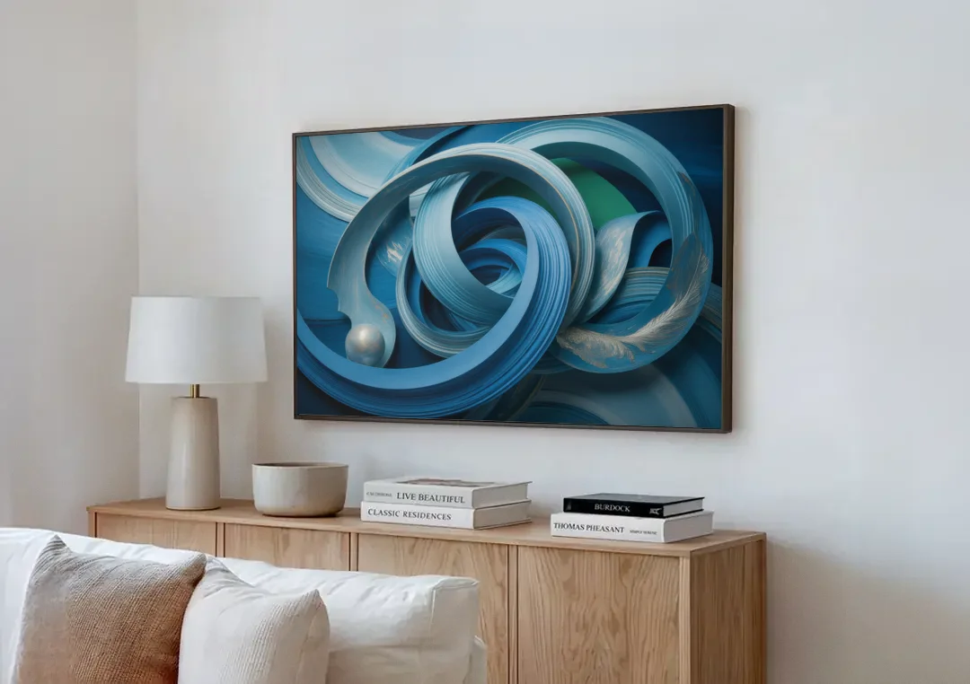 Elegant Fluidity in Blue Abstract canvas wall art above a wooden sideboard next to a sofa
