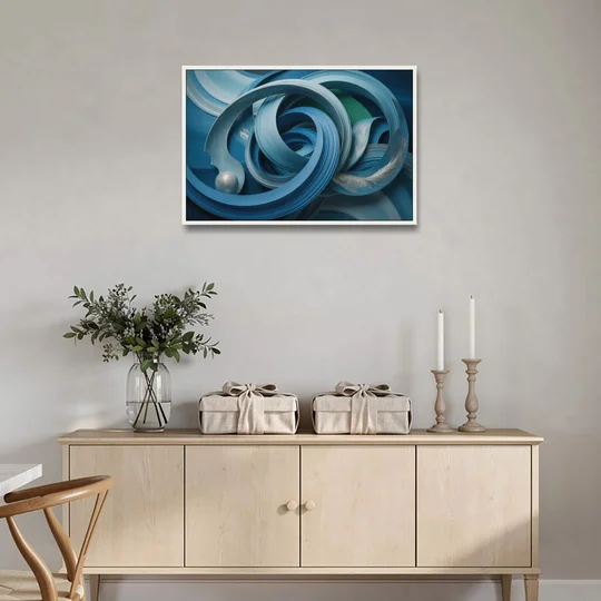 Elegant Fluidity in Blue Abstract - White Framed Canvas Wall Art - Coffee Table - 36x24