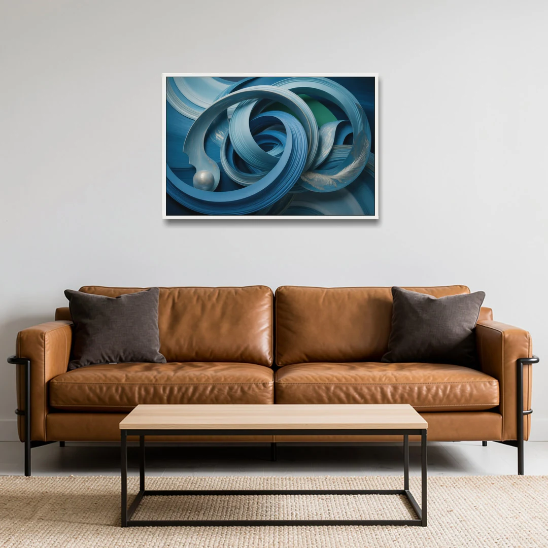 Elegant Fluidity in Blue Abstract - White Framed Canvas Wall Art - Sofa - 36x24