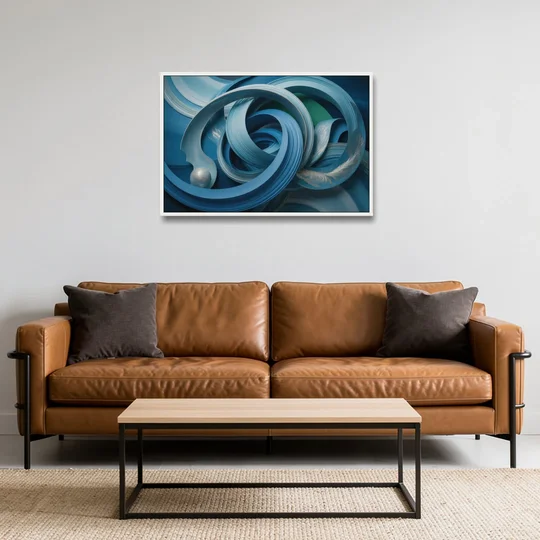 Elegant Fluidity in Blue Abstract - White Framed Canvas Wall Art - Sofa - 36x24