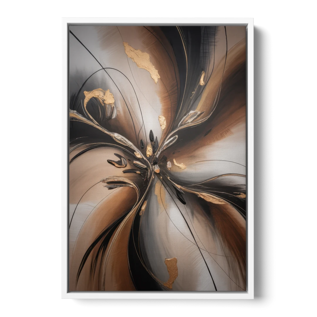 Elegant Fluidity in Brown Abstract - White Framed Canvas Wall Art - Front