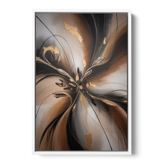 Elegant Fluidity in Brown Abstract - White Framed Canvas Wall Art - Front
