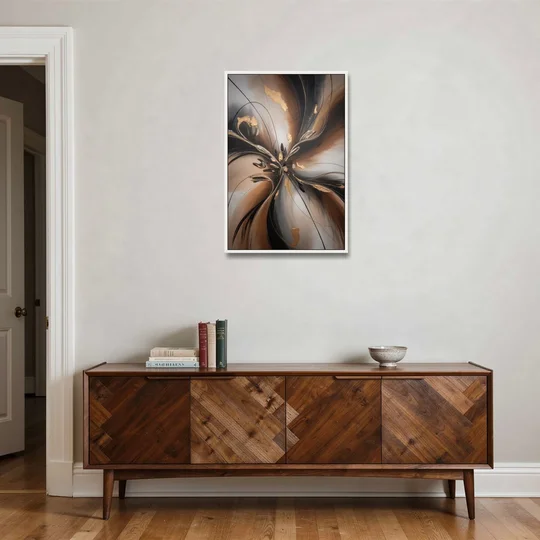 Elegant Fluidity in Brown Abstract - White Framed Canvas Wall Art - Coffee Table - 24x36
