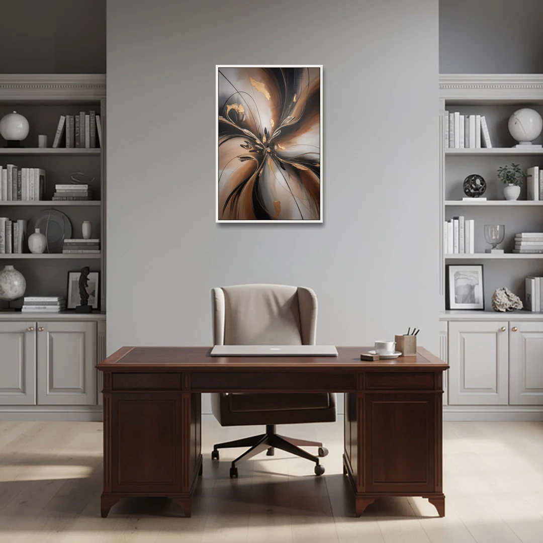 Elegant Fluidity in Brown Abstract - White Framed Canvas Wall Art - Office - 24x36