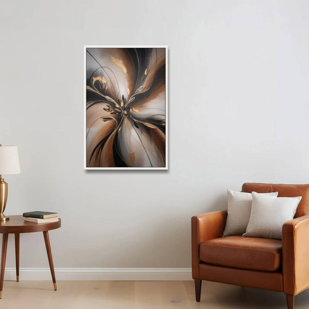 Elegant Fluidity in Brown Abstract - White Framed Canvas Wall Art - Sofa - 24x36