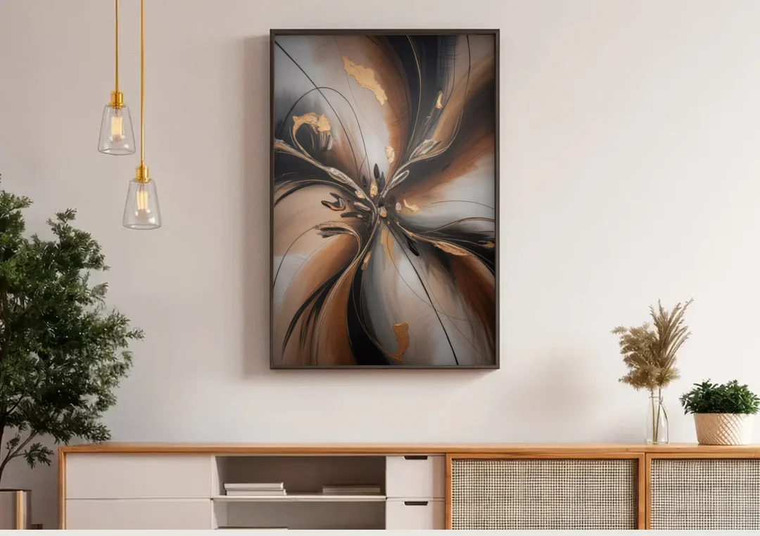 Elegant Fluidity in Brown Abstract canvas wall art above a wooden sideboard under pendant lights