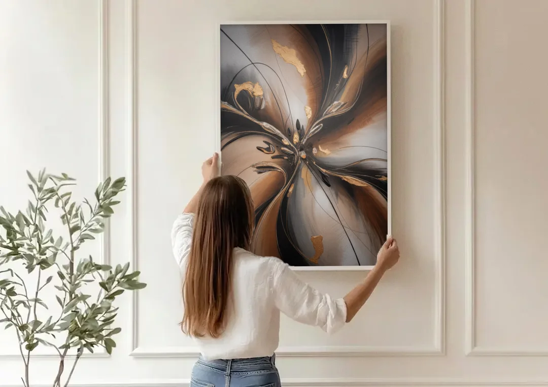 Elegant Fluidity in Brown Abstract canvas wall art being hung on a paneled wall