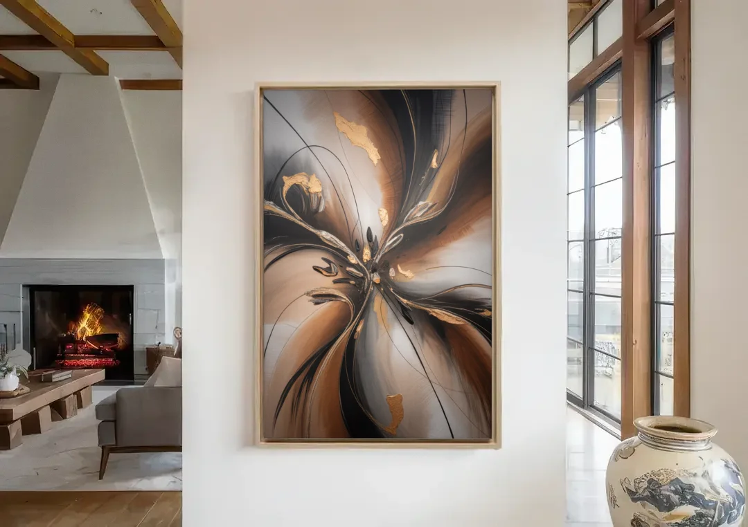 Elegant Fluidity in Brown Abstract canvas wall art in a living room with a fireplace