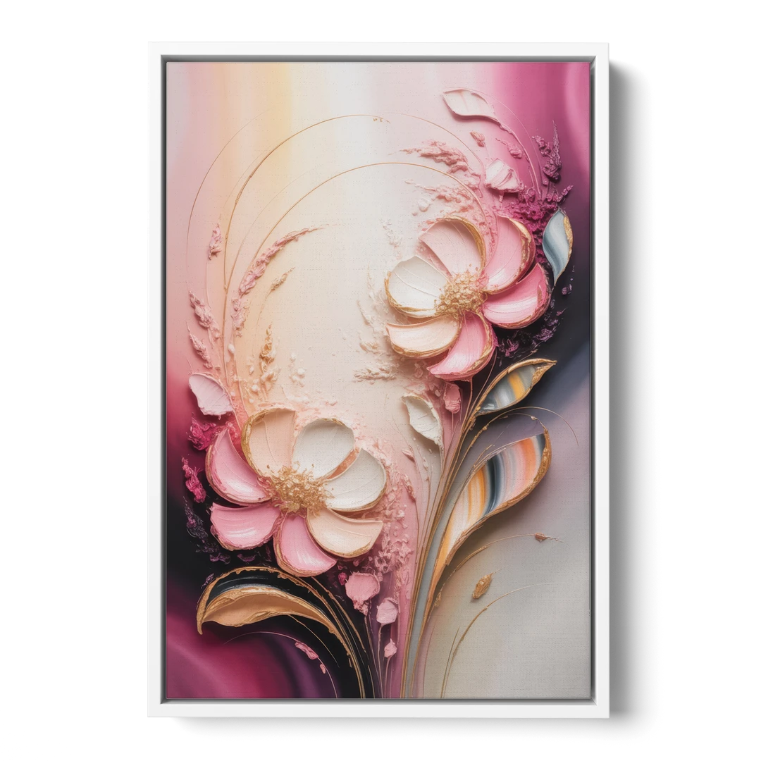 Elegant Fuchsia Blossoms Pink Abstract - White Framed Canvas Wall Art - Front