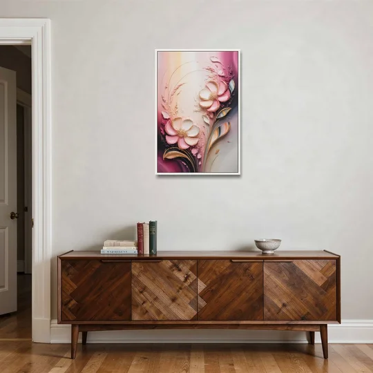 Elegant Fuchsia Blossoms Pink Abstract - White Framed Canvas Wall Art - Coffee Table - 24x36