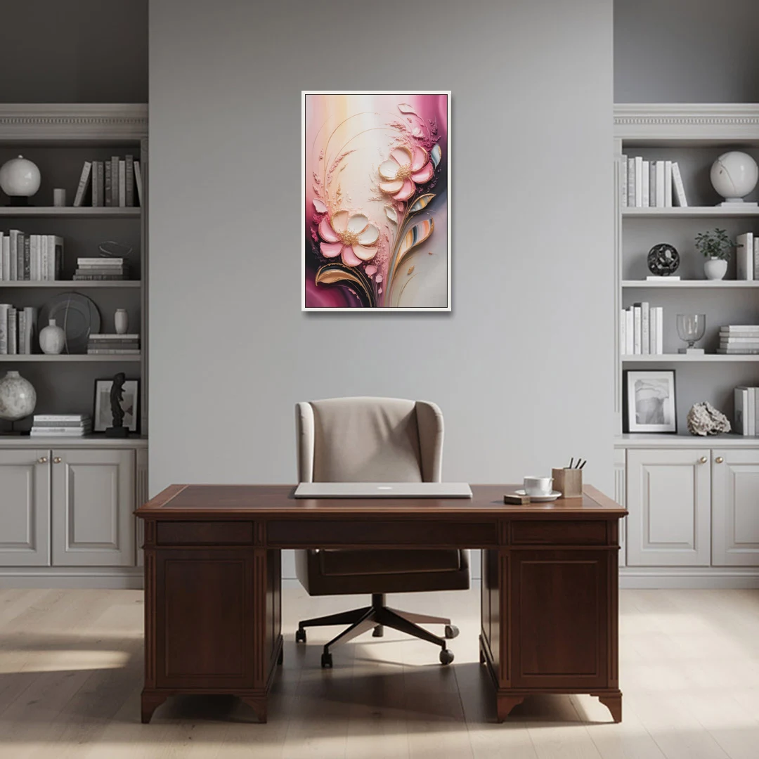 Elegant Fuchsia Blossoms Pink Abstract - White Framed Canvas Wall Art - Office - 24x36