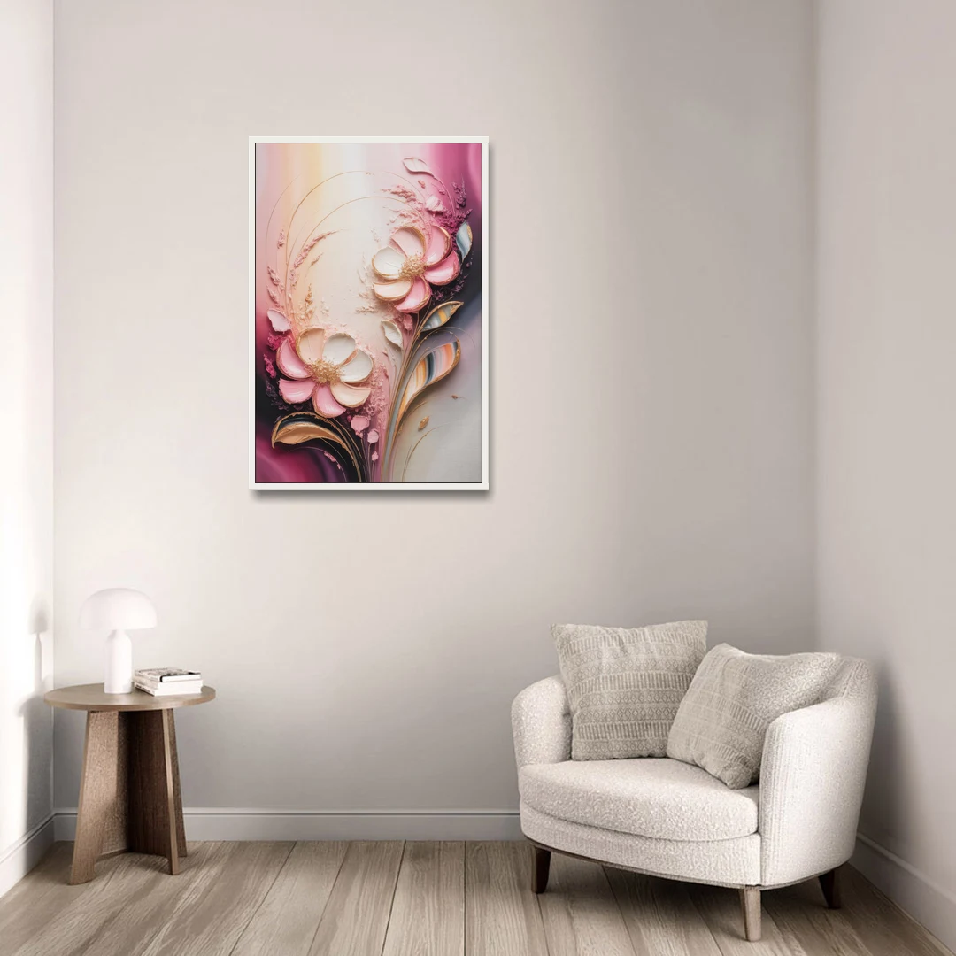 Elegant Fuchsia Blossoms Pink Abstract - White Framed Canvas Wall Art - Sofa - 24x36