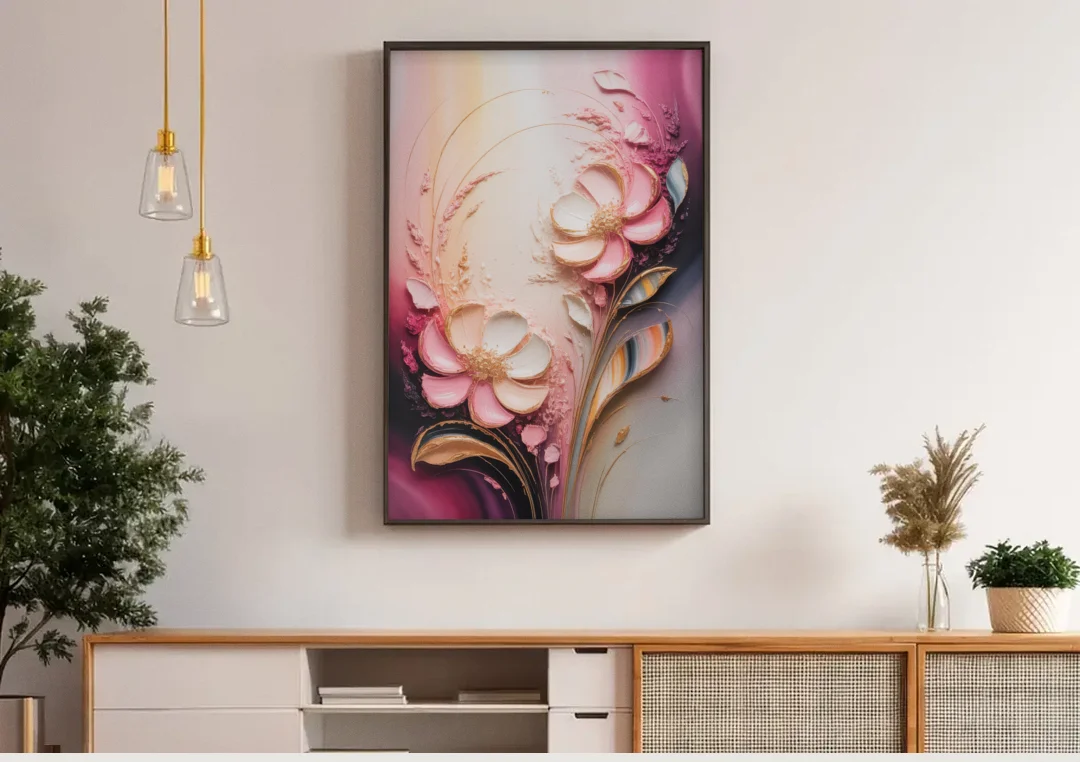 Elegant Fuchsia Blossoms Pink Abstract canvas wall art above a wooden sideboard under pendant lights